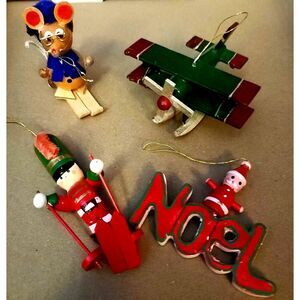 Vintage Lot of 4 Wooden: Plane, Noel, Soldier, Mouse Ornaments Figurines